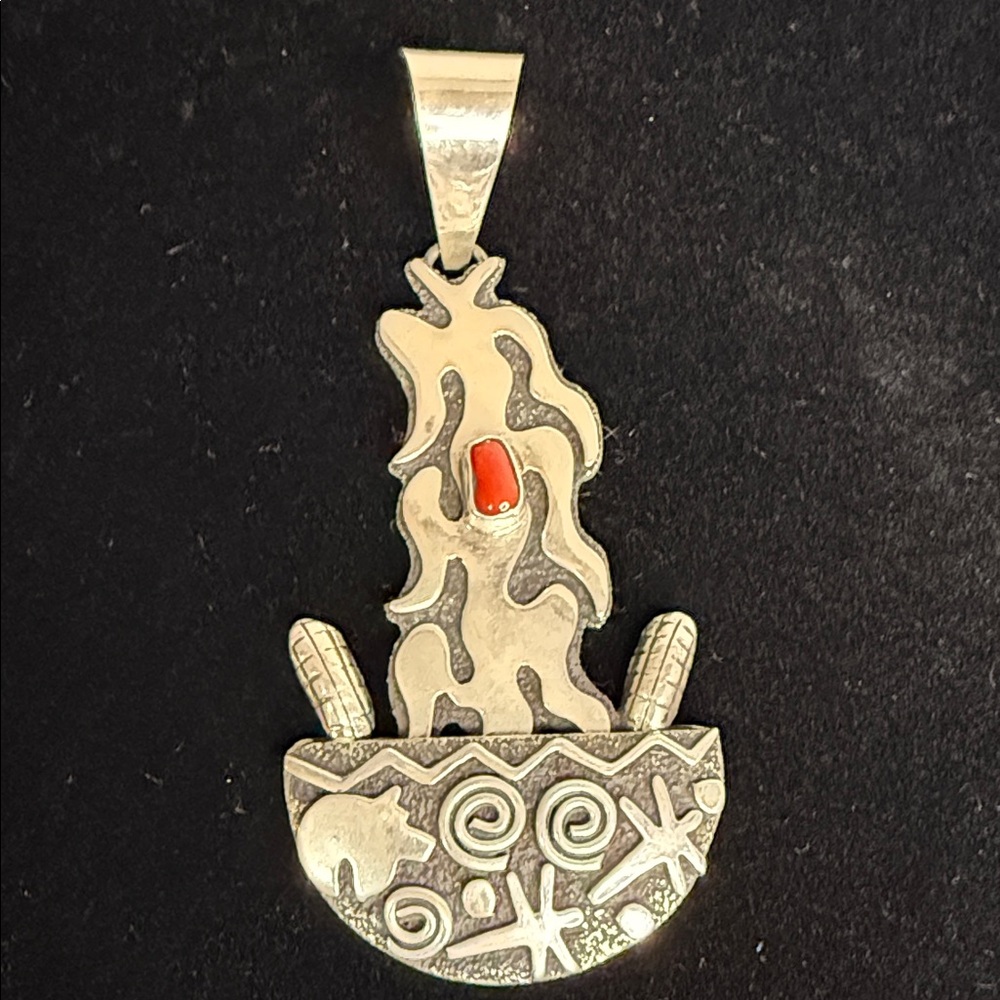 Alex Sanchez Silver and Red Coral Cooking Bowl Pendant